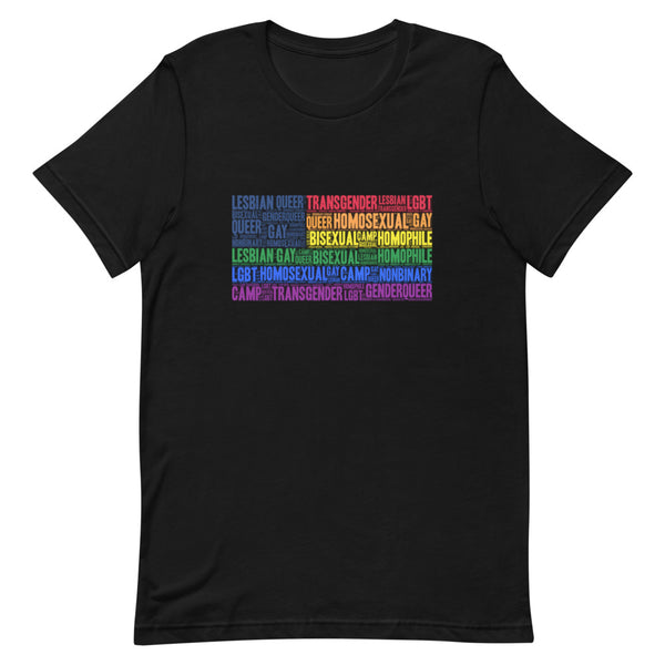 Black LGBTQ+ graphic T-shirt, front-facing product view; gay Pride t-shirt