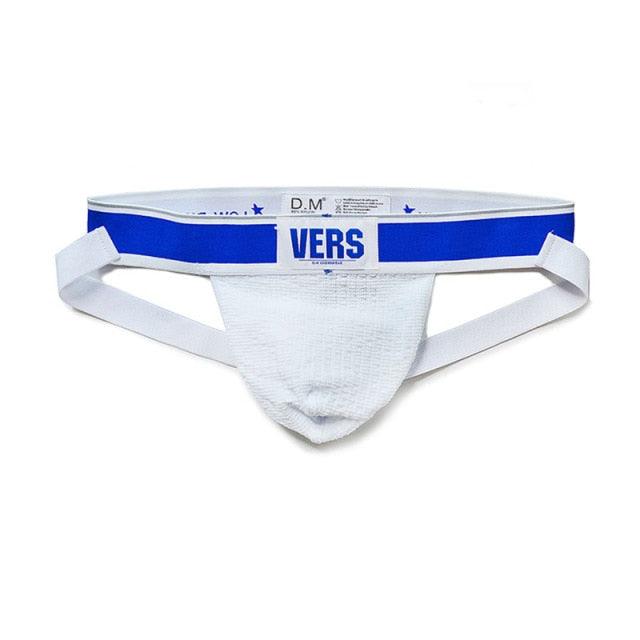 Front view of a white jockstrap with a blue waistband labeled “VERS.”