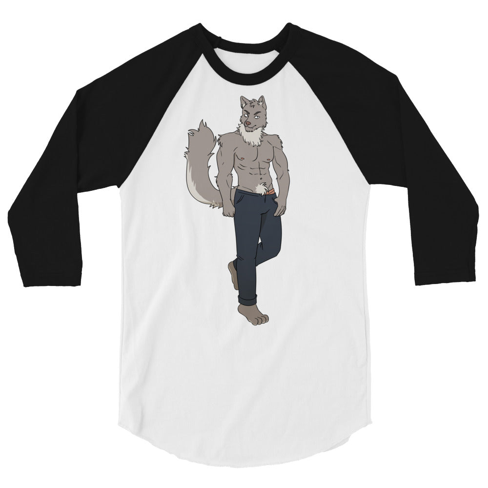 Front view of a white raglan shirt with black three-quarter sleeves and a muscular wolf illustration