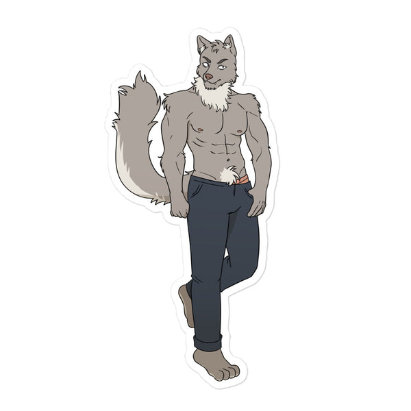 Die-cut sticker showing a shirtless gray anthropomorphic wolf in dark pants, posed with one leg crossed