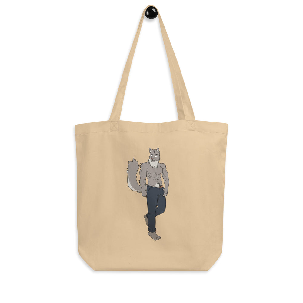 Tan tote bag featuring a shirtless anthropomorphic gray wolf in dark pants