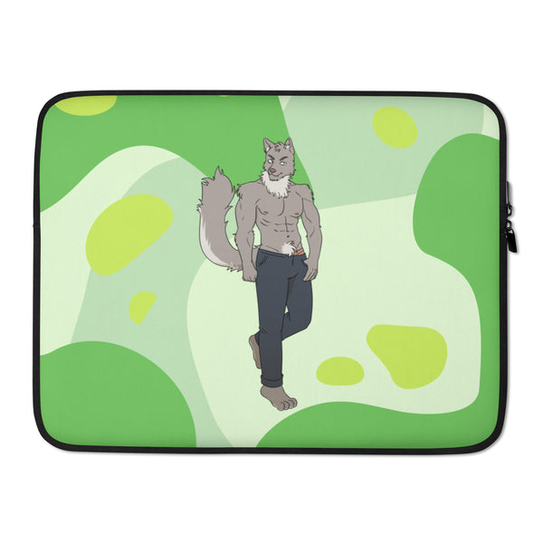 Laptop sleeve showing a shirtless anthropomorphic gray wolf in jeans on a green abstract background