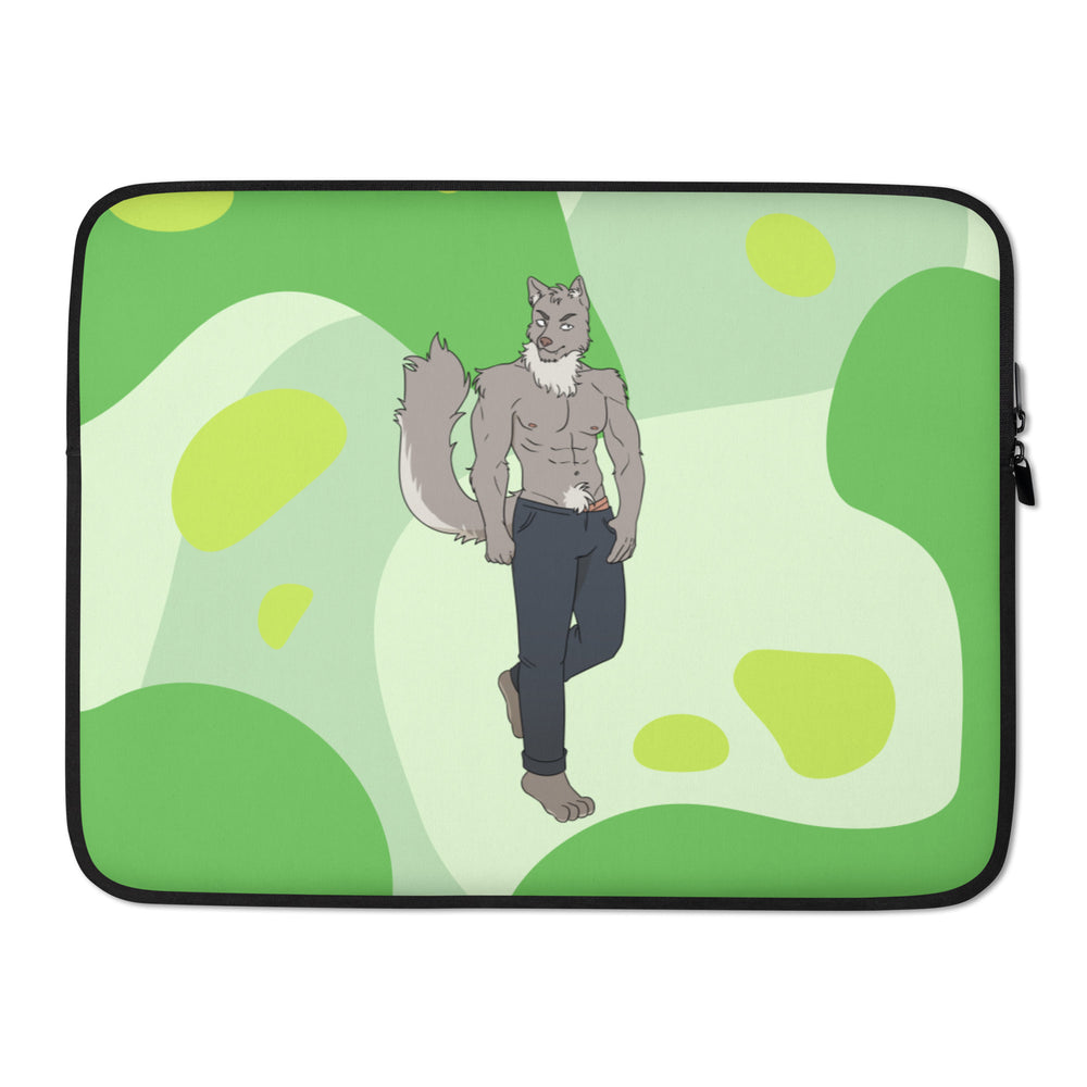 Laptop sleeve showing a shirtless anthropomorphic gray wolf in jeans on a green abstract background