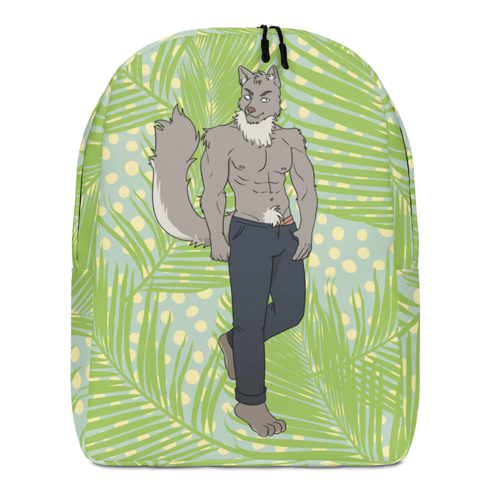 Front view of a green tropical-print backpack with a muscular gray anthropomorphic wolf illustration