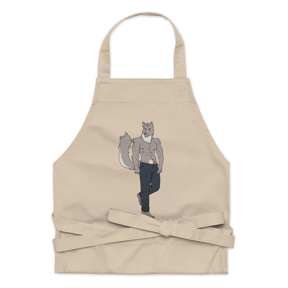 Front-facing beige apron with a cartoon shirtless gray wolf wearing dark pants