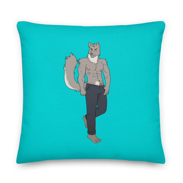 Turquoise square pillow featuring a shirtless anthropomorphic gray wolf in dark pants