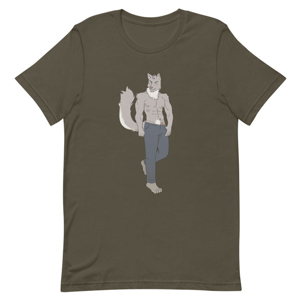 Front view of an olive T-shirt with a shirtless anthropomorphic wolf in jeans