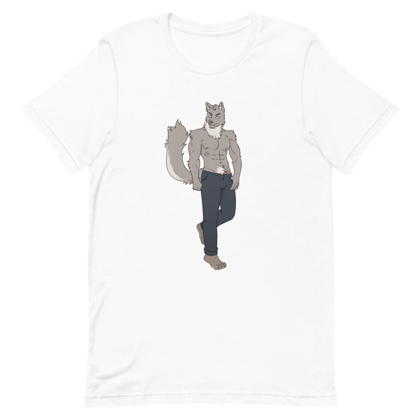 White T-shirt with a centered cartoon muscular anthropomorphic wolf wearing dark pants