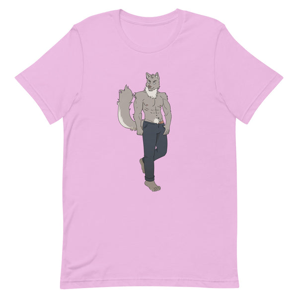 Front view of a lilac T-shirt with a muscular anthropomorphic wolf illustration
