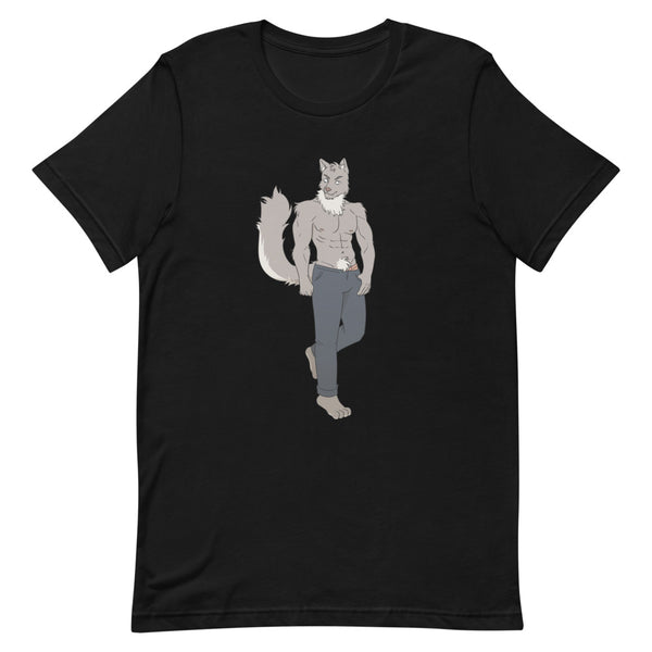 Front view of a black T-shirt with a shirtless anthropomorphic wolf in gray pants