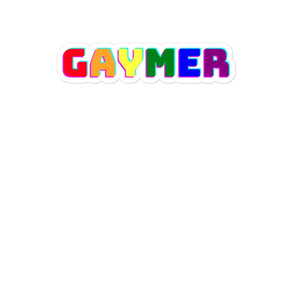 Bubble-shaped sticker reading “GAYMER” in bright multicolored block letters