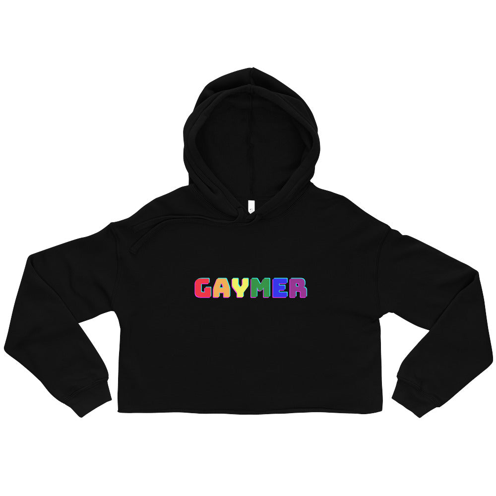 Front view of a black cropped hoodie with a rainbow-colored “GAYMER” chest graphic