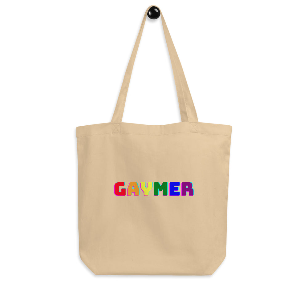 Oyster tote bag with long handles and colorful “GAYMER” lettering on the front