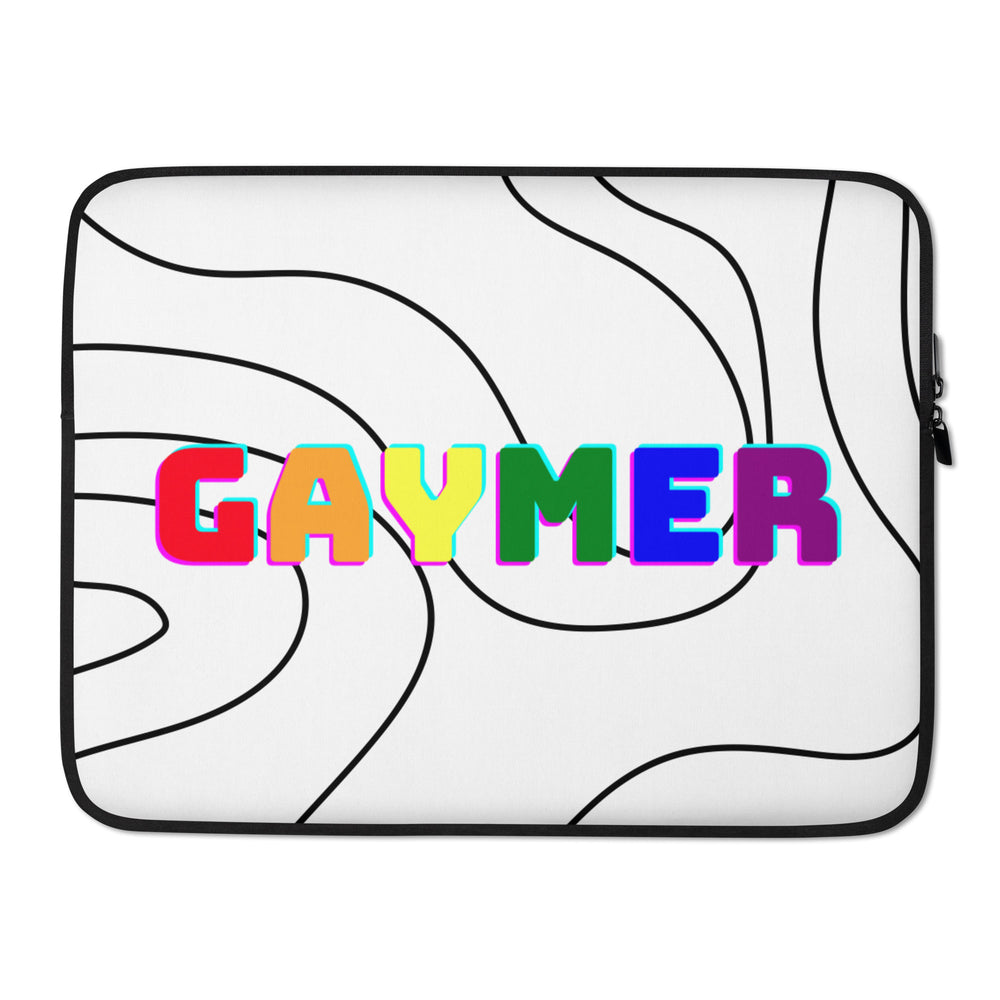 White laptop sleeve with black wavy lines and colorful block letters spelling “GAYMER”