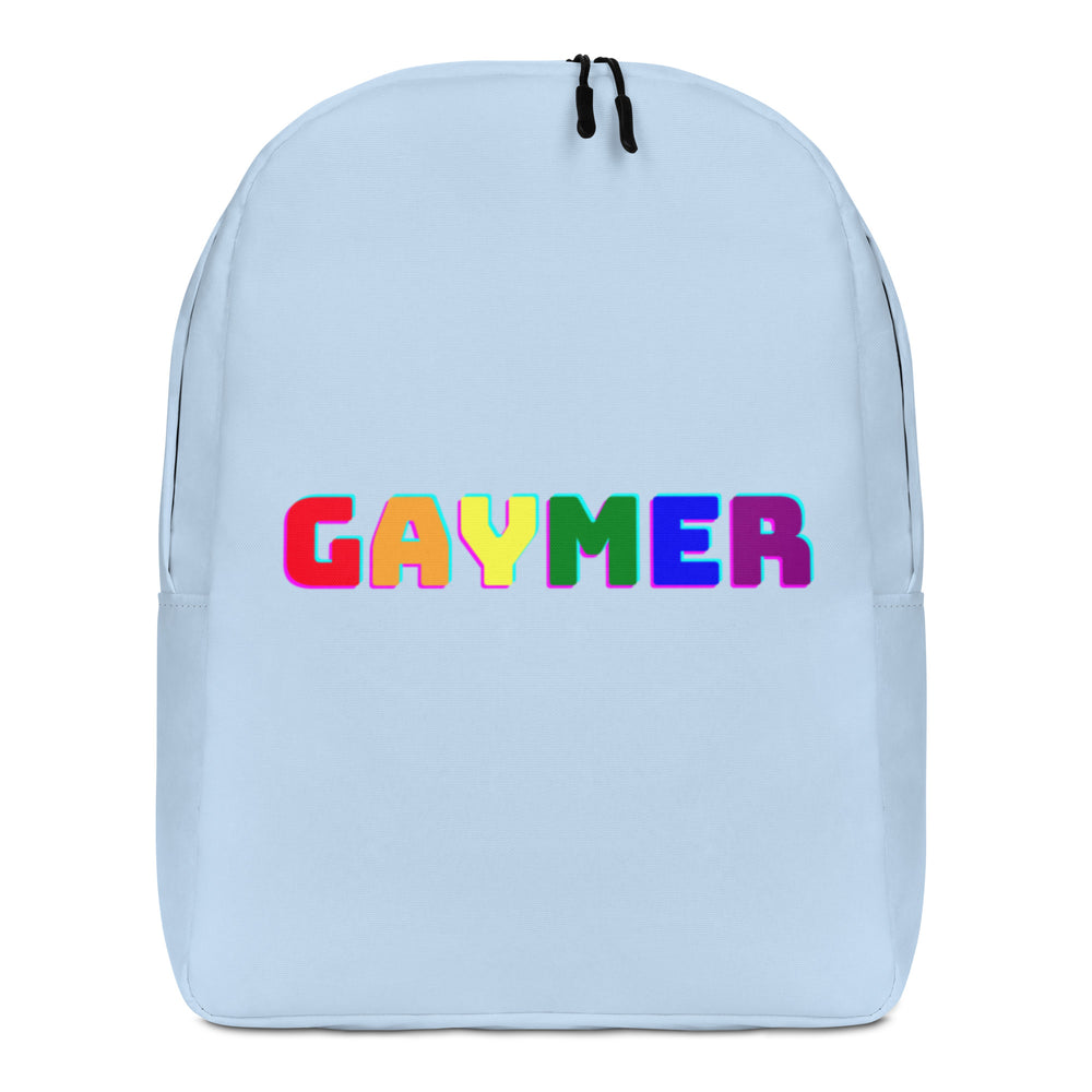 Front view of a light blue backpack with colorful block letters reading “GAYMER”