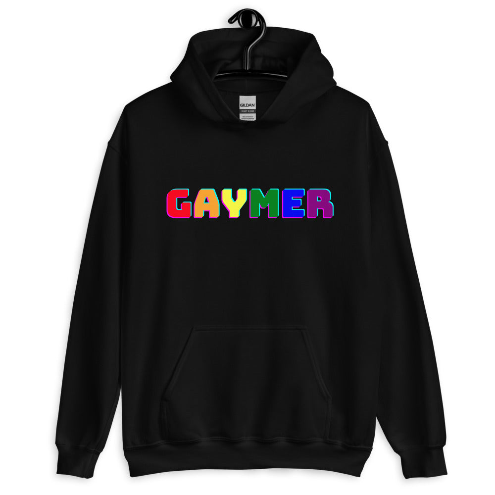 Front view of a black hoodie with the word “GAYMER” in bright multicolored letters