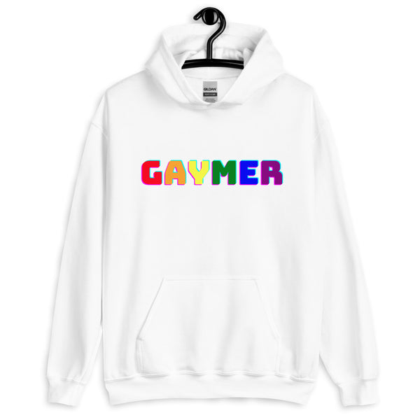 Front view of a white hoodie with colorful block lettering reading “GAYMER”