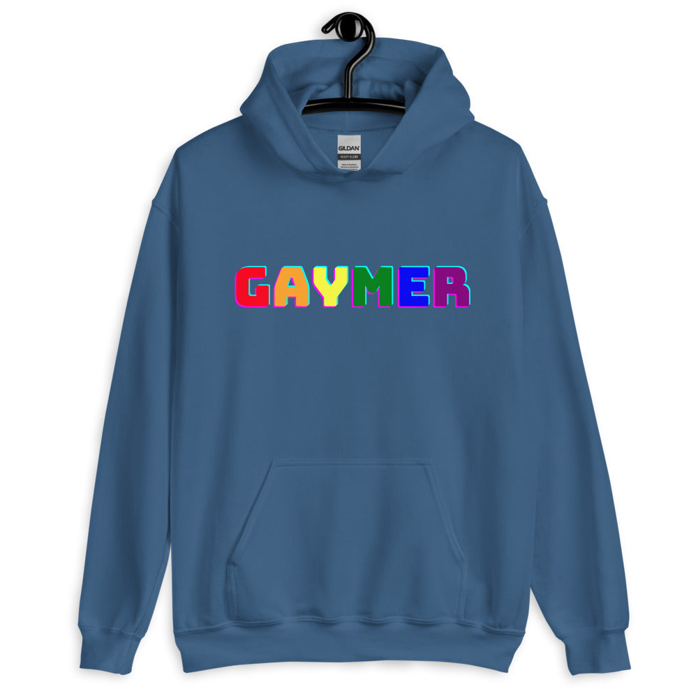 Blue pullover hoodie with colorful block lettering reading “GAYMER”