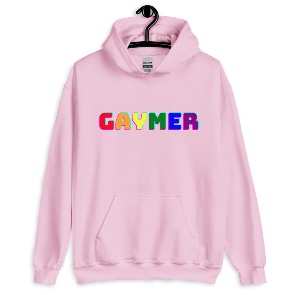 Front-view pink pullover hoodie with colorful “GAYMER” lettering and a kangaroo pocket