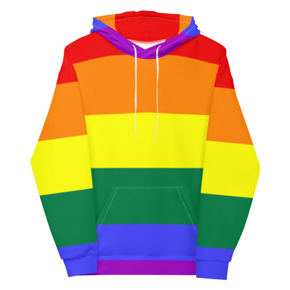 Front-facing rainbow-striped pullover hoodie with purple hood, white drawstrings, and kangaroo pocket