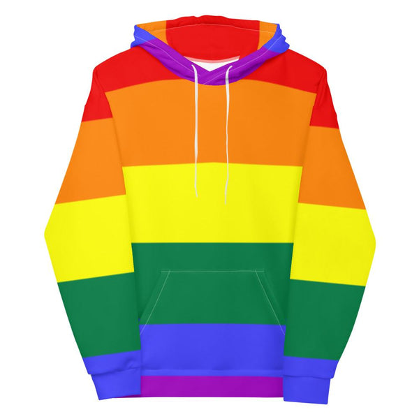 Front-facing rainbow-striped pullover hoodie with purple hood, white drawstrings, and kangaroo pocket