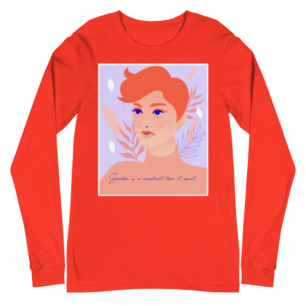 Red long-sleeve shirt with illustrated portrait and “Gender is a construct tear it apart” text