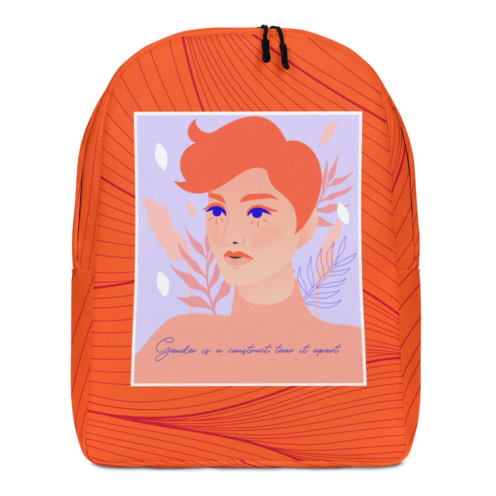 Front view of an orange backpack with a portrait and “Gender is a construct tear it apart” text