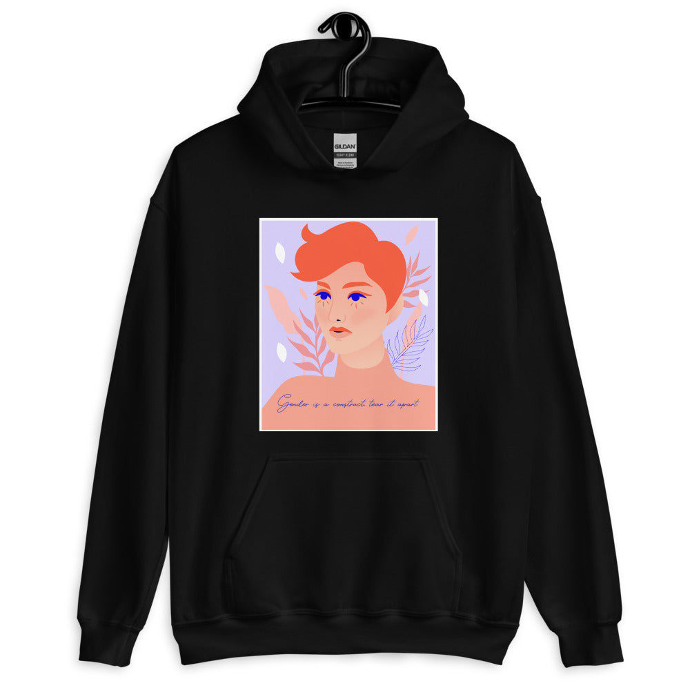 Front-facing black hoodie with a colorful portrait and “Gender is a construct tear it apart” text