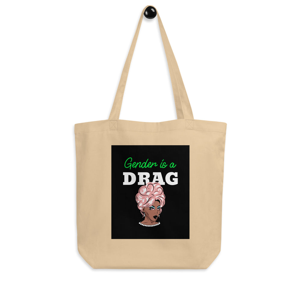 Natural canvas tote bag with “Gender is a DRAG” text and pink-haired drag portrait