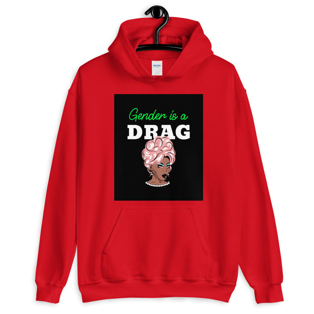 Red pullover hoodie with “Gender is a DRAG” text and a drag queen portrait graphic