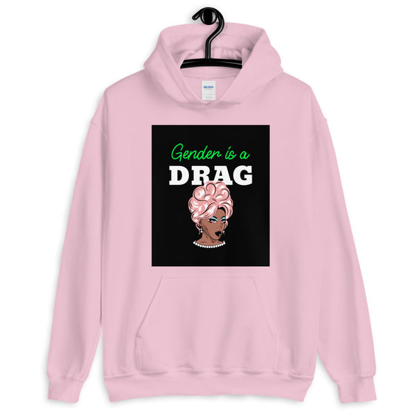Pink hoodie with “Gender is a DRAG” text and a glamorous drag queen illustration