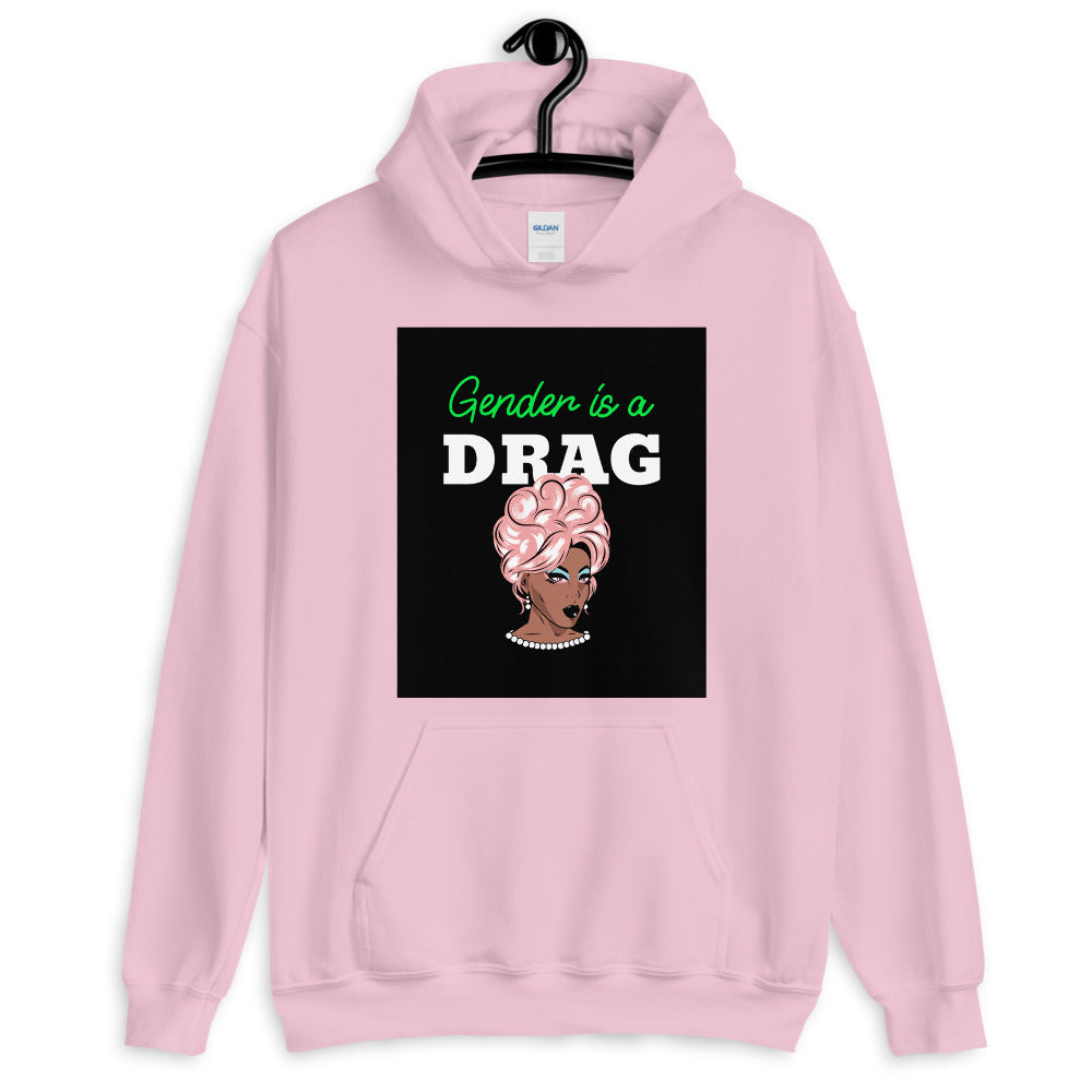 Pink hoodie with “Gender is a DRAG” text and a glamorous drag queen illustration