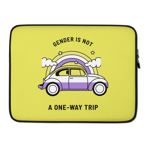 Yellow laptop sleeve with a purple-and-white car, rainbow, and text “GENDER IS NOT A ONE-WAY TRIP”