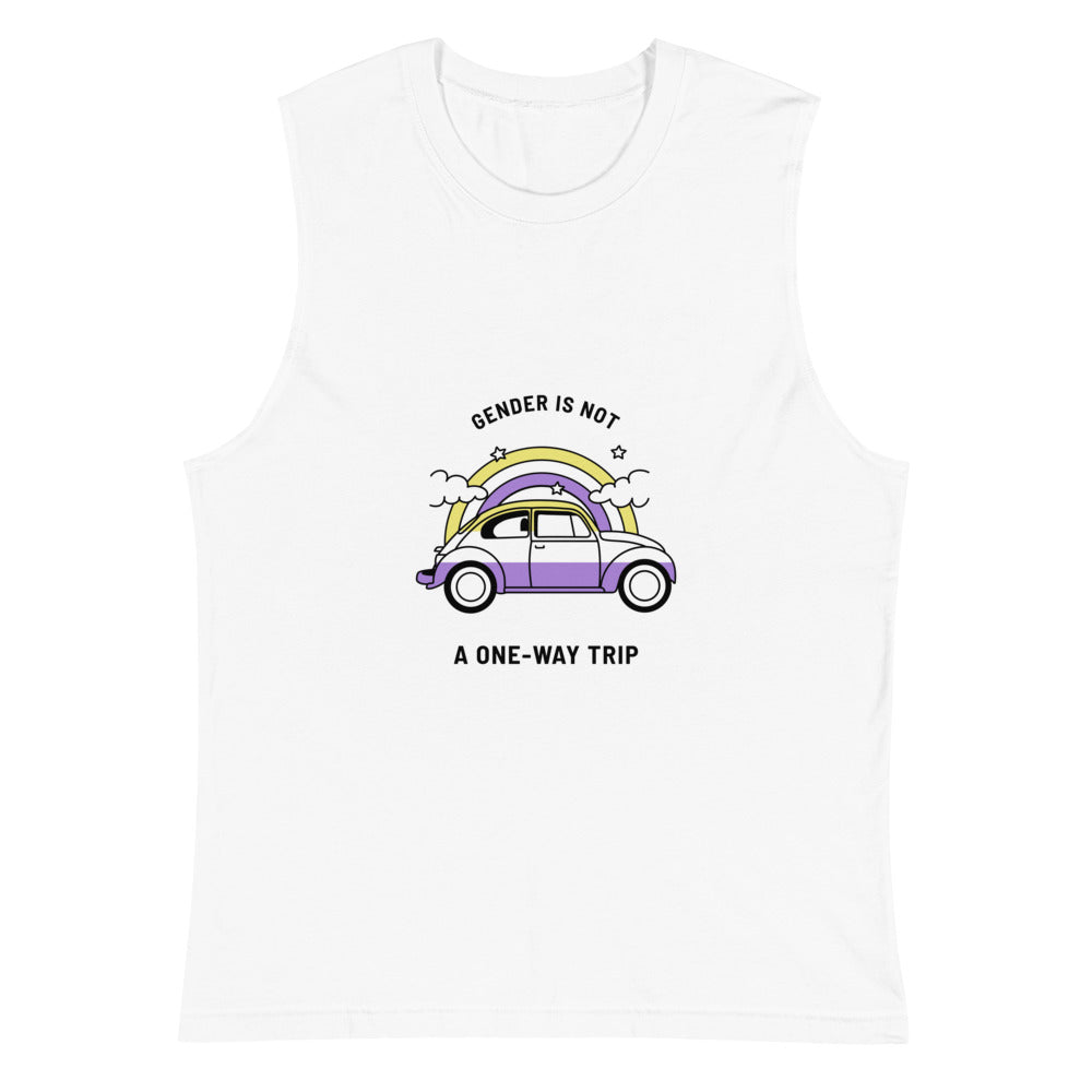 White muscle tank top with “GENDER IS NOT A ONE-WAY TRIP” and a purple car under a rainbow
