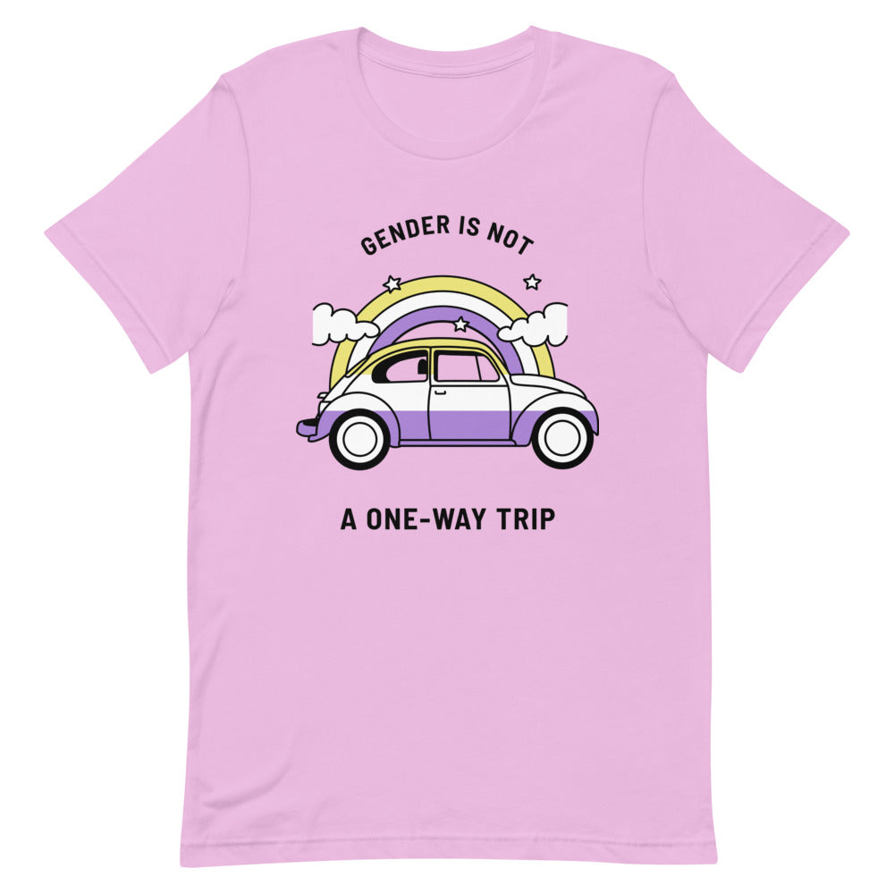 Flat-lay lilac T-shirt reading “GENDER IS NOT A ONE-WAY TRIP,” with a rainbow car graphic