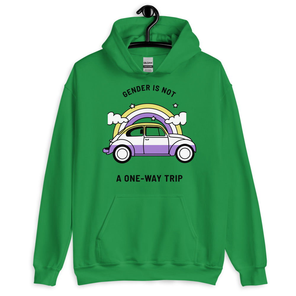 Front view of a green hoodie reading “GENDER IS NOT A ONE-WAY TRIP” above a rainbow car