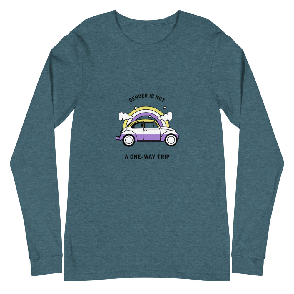 Heather teal long-sleeve shirt with a rainbow car graphic and “GENDER IS NOT A ONE-WAY TRIP” text