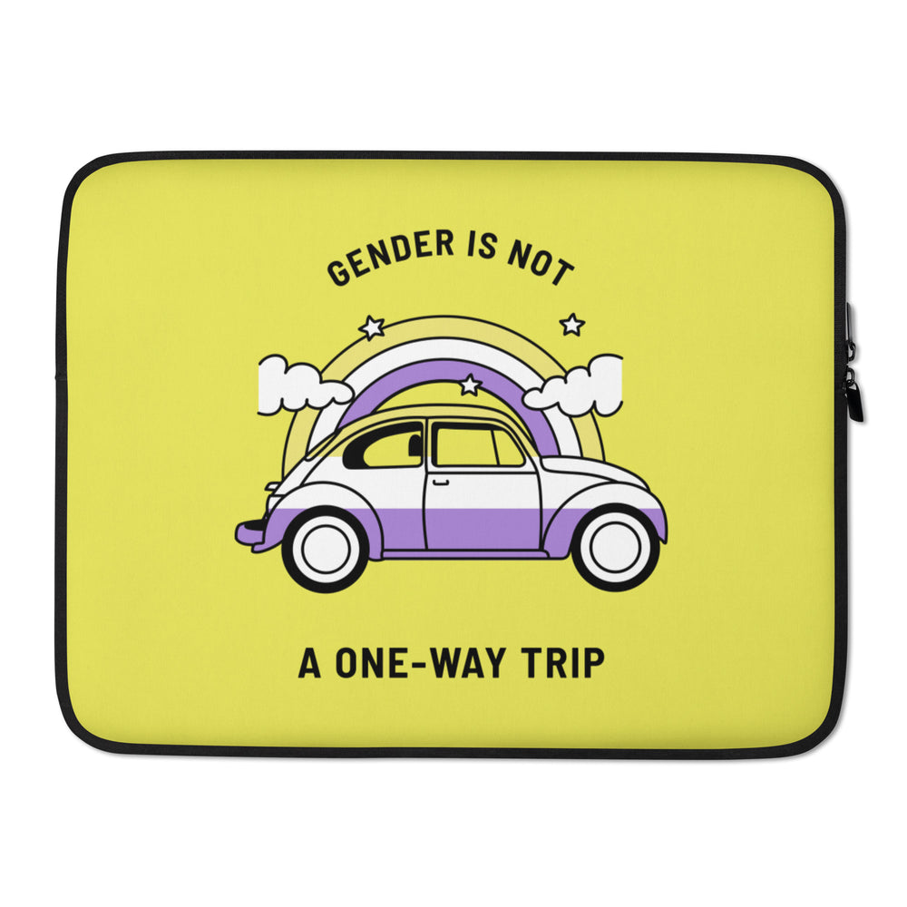 Yellow laptop sleeve with a purple-and-white car, rainbow, and text “GENDER IS NOT A ONE-WAY TRIP”