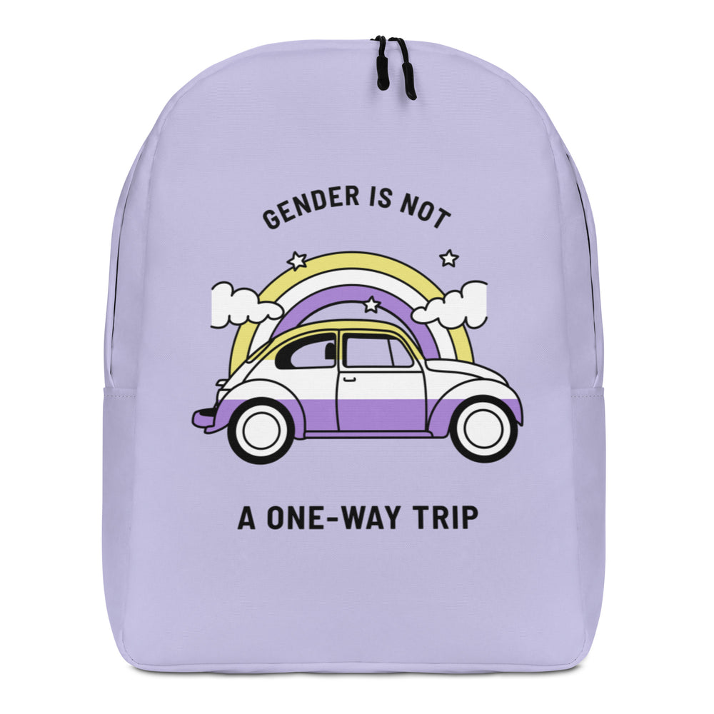 Front view of a lavender backpack reading “GENDER IS NOT A ONE-WAY TRIP,” with a rainbow car graphic