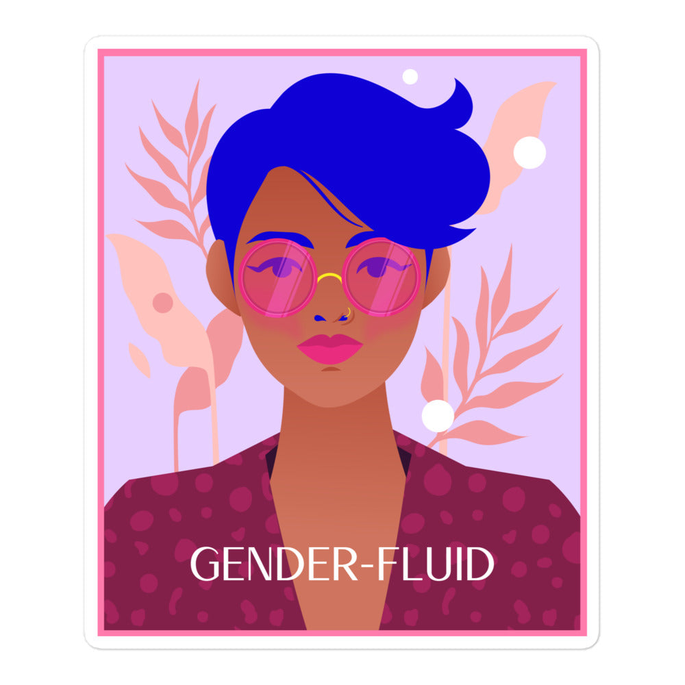 Gender-fluid sticker portrait with blue hair, pink glasses, and “GENDER-FLUID” text