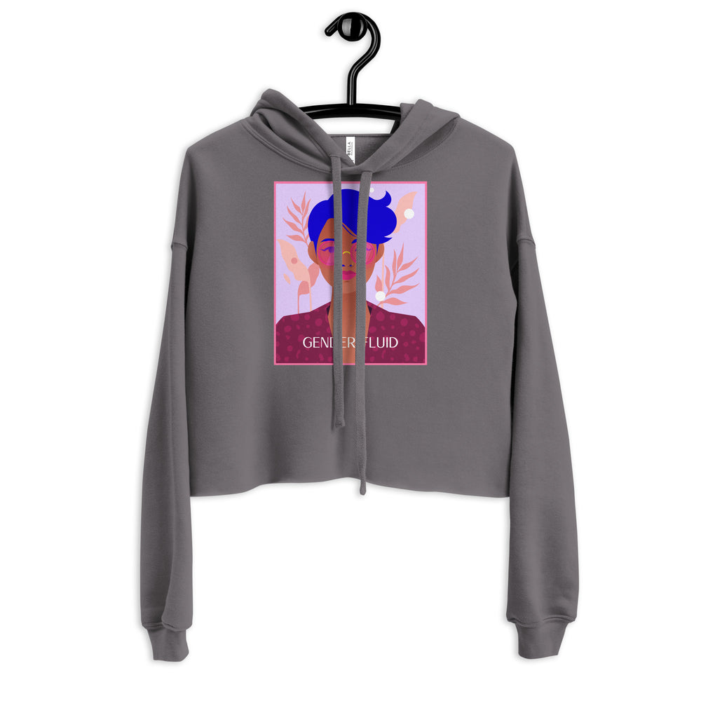Front view of a gray cropped hoodie with a gender-fluid portrait graphic and drawstring hood