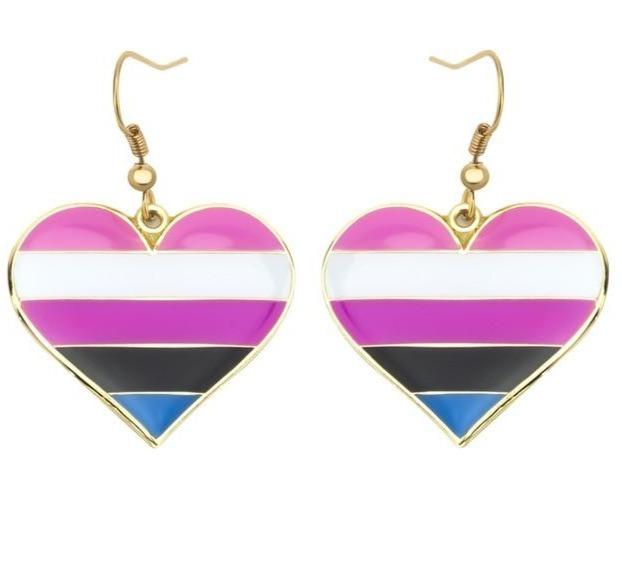 Genderfluid pride heart drop earrings with pink, white, black, and blue stripes