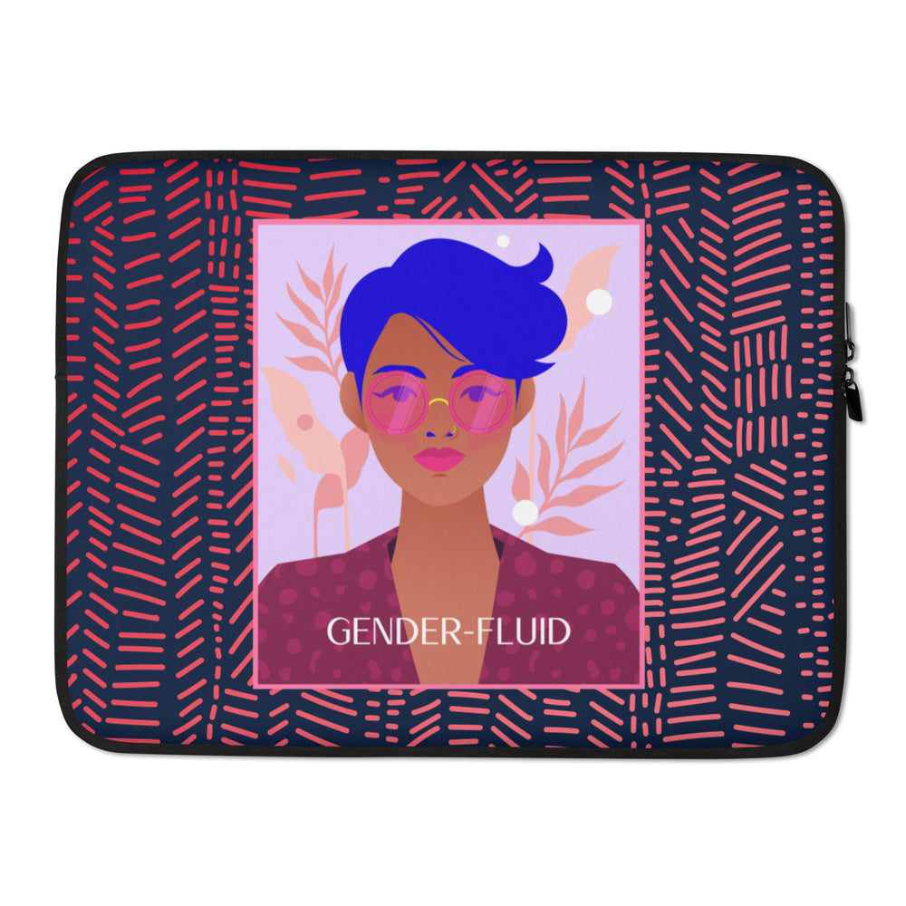 Front view of a gender-fluid laptop sleeve with a colorful portrait and patterned navy border