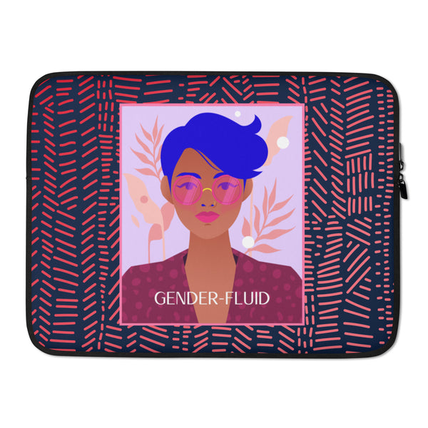Front view of a gender-fluid laptop sleeve with a colorful portrait and patterned navy border