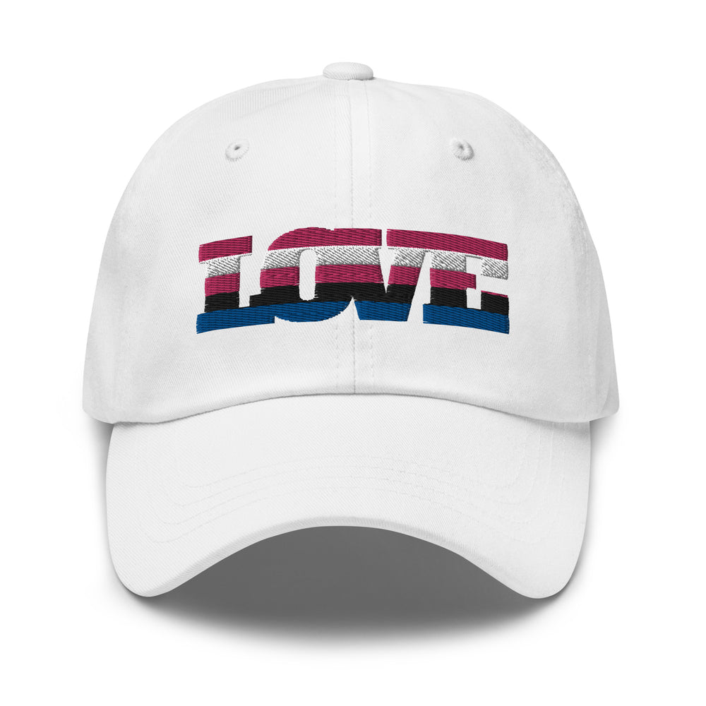 Front view of a white baseball cap with a striped genderfluid flag design on the crown
