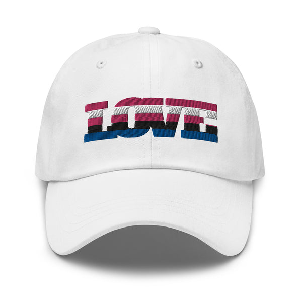 Front view of a white baseball cap with a striped genderfluid flag design on the crown