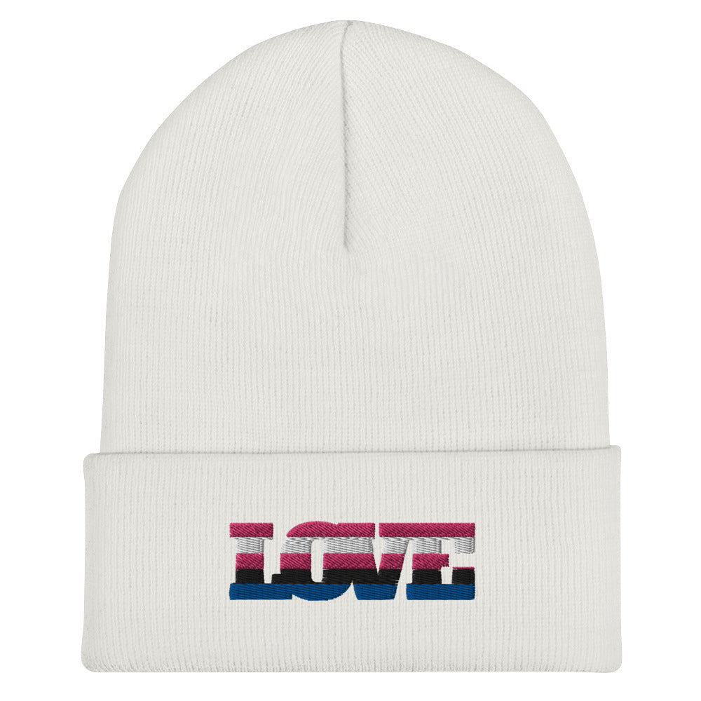 Front view of a white cuffed beanie embroidered with “LOVE” in pink, white, and blue stripes
