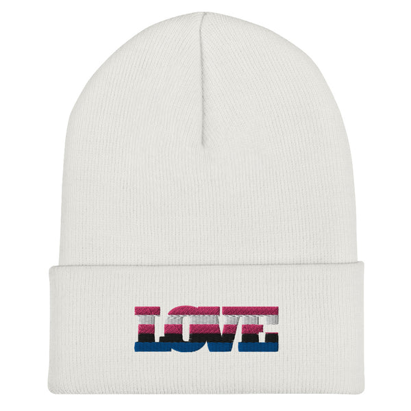 Front view of a white cuffed beanie embroidered with “LOVE” in pink, white, and blue stripes