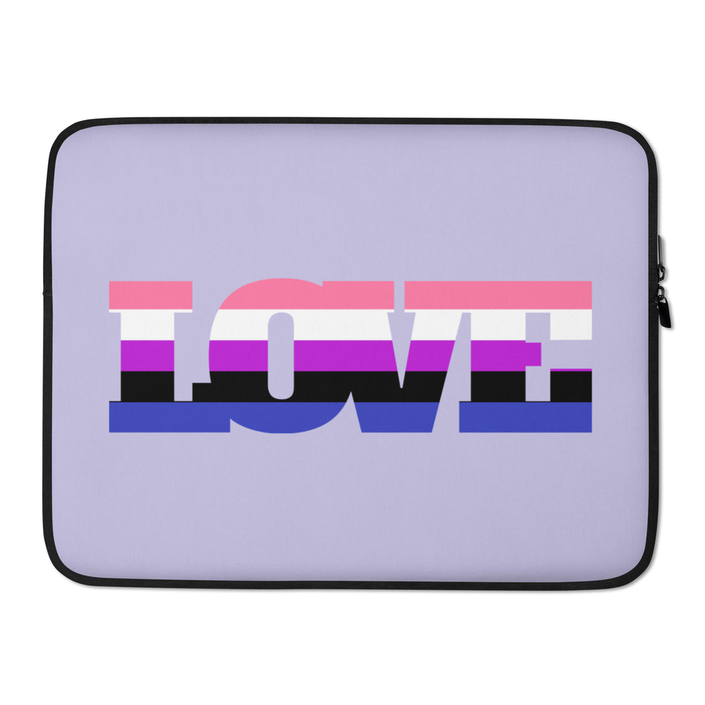 Lavender laptop sleeve with a genderfluid pride flag and large LOVE lettering