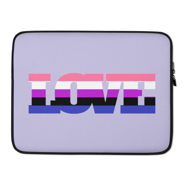 Lavender laptop sleeve with a genderfluid pride flag and large LOVE lettering